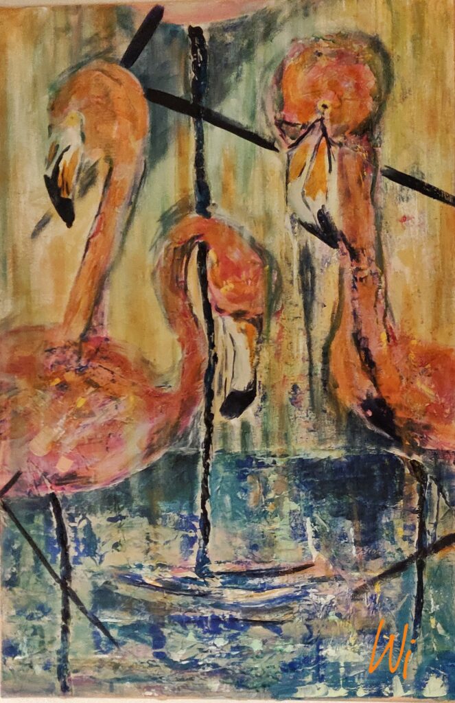Flamingos, Mixed Media, Collage, Acryl, Öl, 60x90 cm