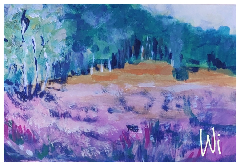 Soltau, Lüneburger Heide, Heide und Wald, Acrylfarben auf Papier, Postkarte