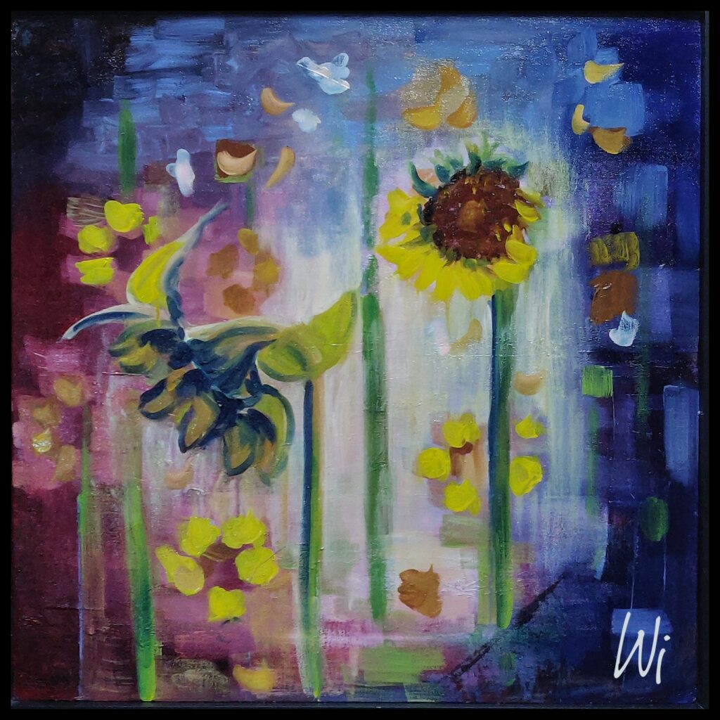 Sonnenblumen, halbabstrakt, Öl auf Karton, 50x50 cm