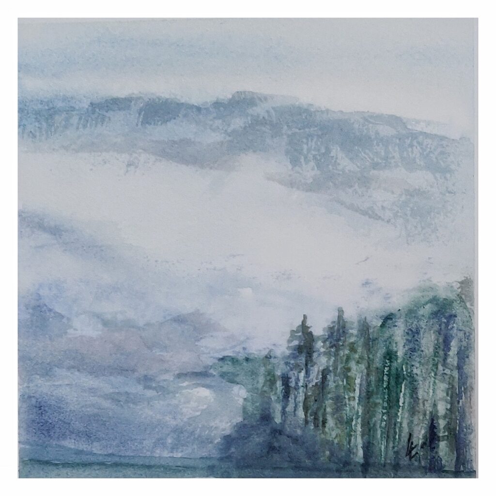 Landschaft im Nebel, Wasserfarbe, 20x20 cm