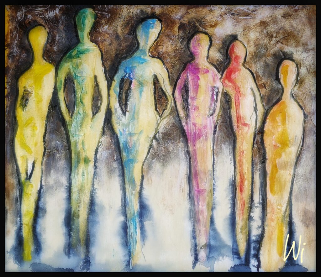 Sechs Figuren, halbabstrakt, Öl und Acryl auf Papier, 40x30 cm