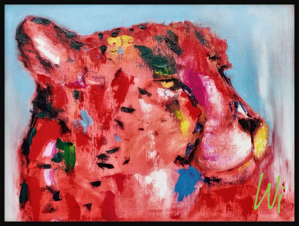 Leopard, rot und bunt, Öl auf Karton, 40x30 cm