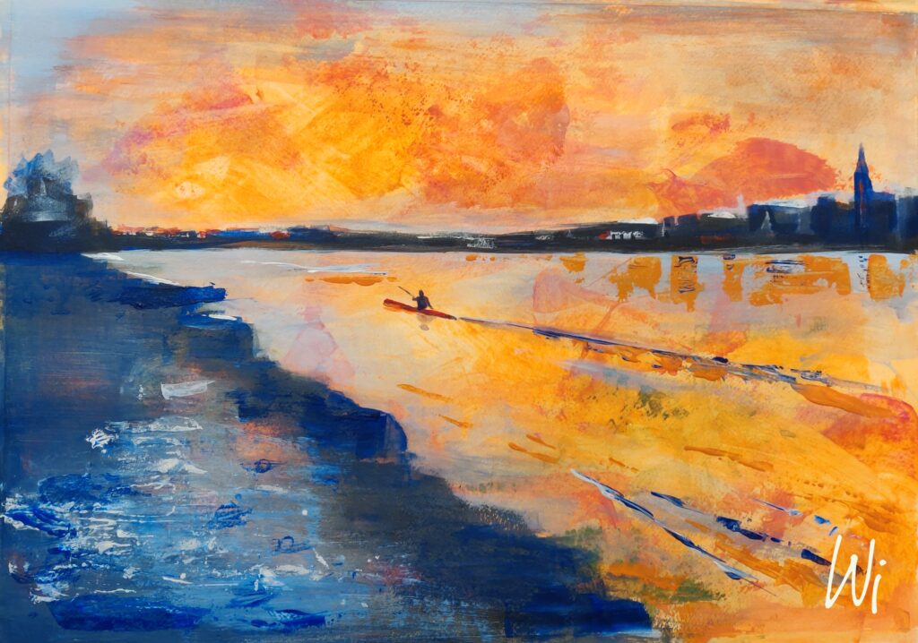 Sonnenuntergang am Rhein, Acryl auf Papier, 34x48 cm