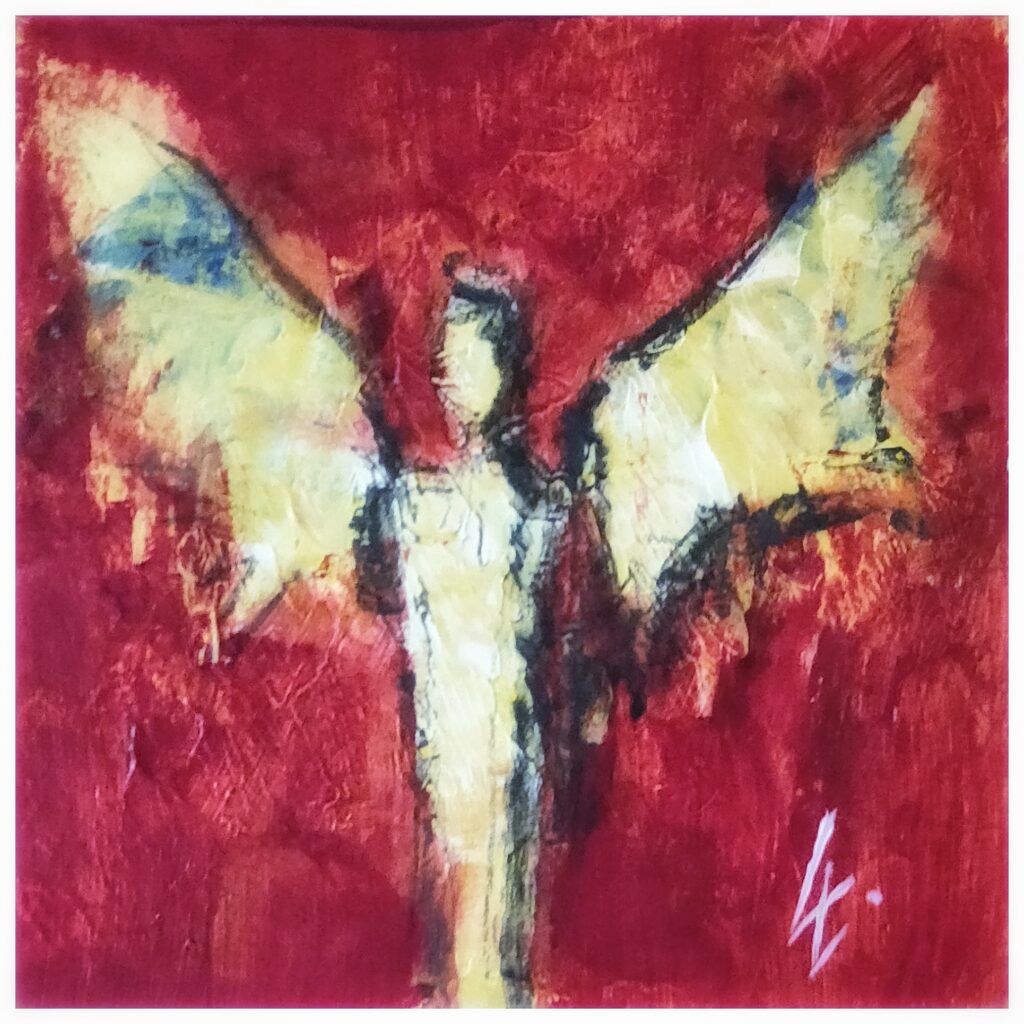 Engel abstrakt, rot-gold,Acryl auf Malblock, 10x10 cm