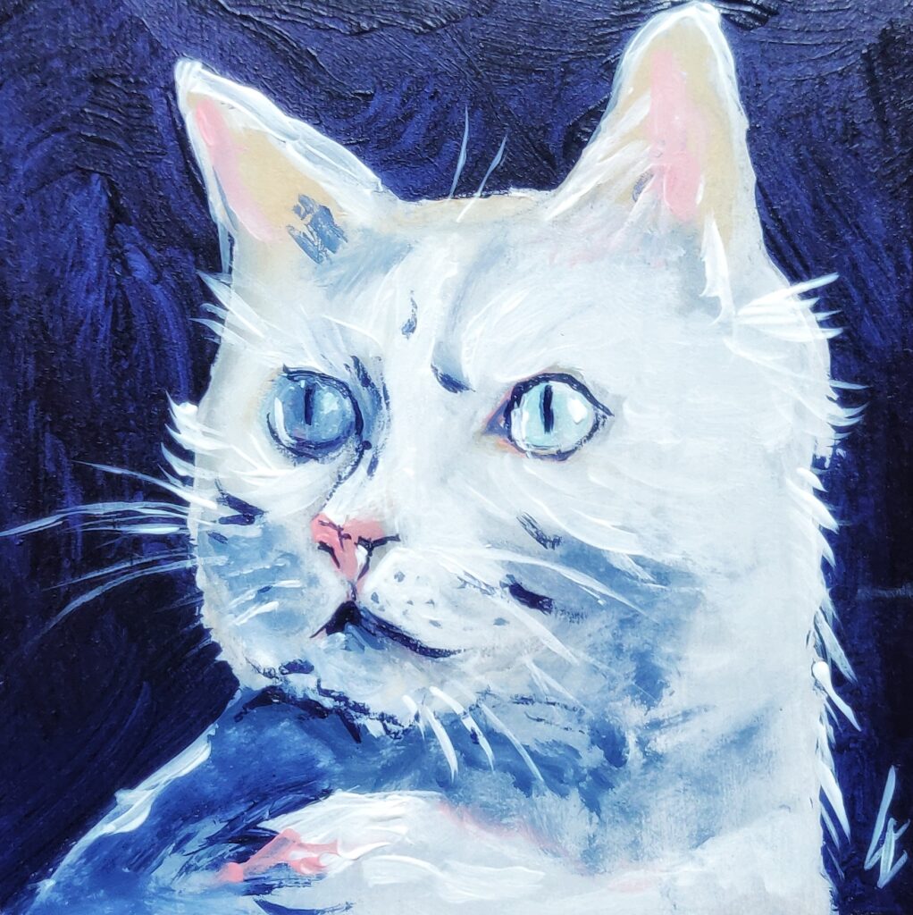 Weiße Katze, blaue Katze, Acryl auf Malblock, 10x10x3 cm