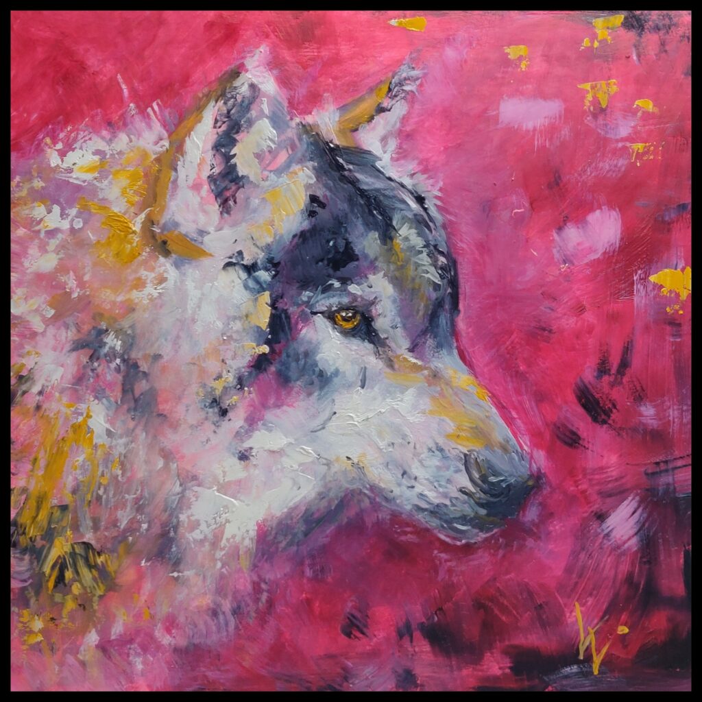 Wolfportrait, Ölfarbe auf Wabenpappe, 30x30x3 cm, Farbklang rot, graublau, gelb