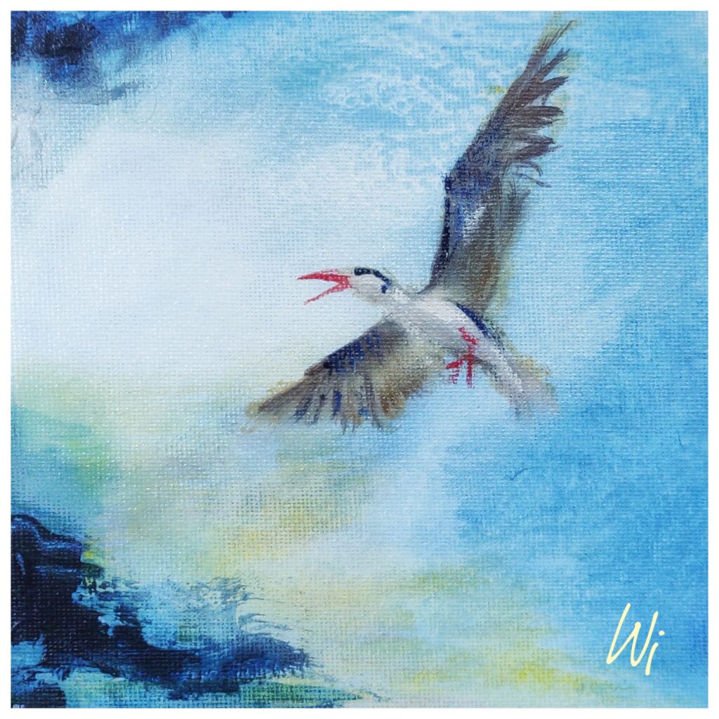 Vogel im Flug, Acryl und Öl auf Malpappe, 15x15 cm