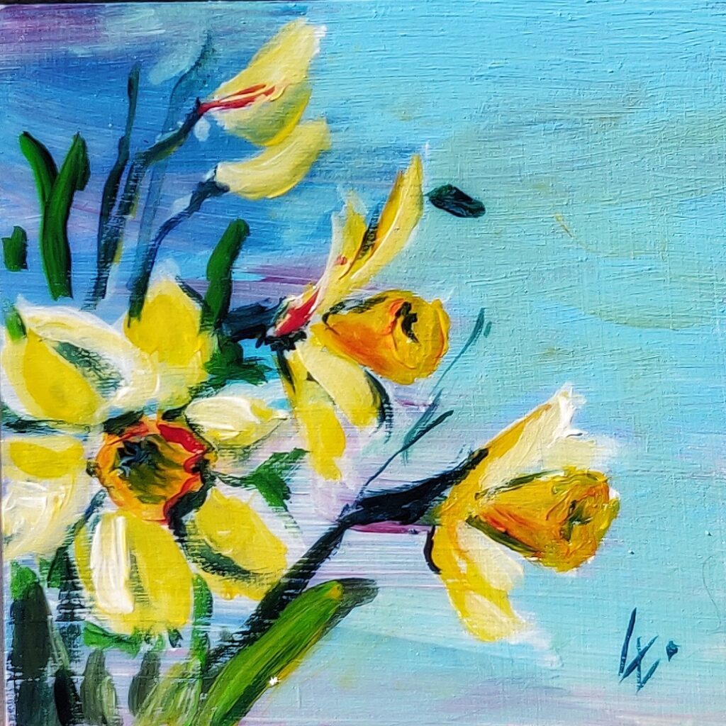 Frühlingsstimmung, halbabstrakt, Narzissenblüten, Acryl auf Malpappe, 15x15 cm