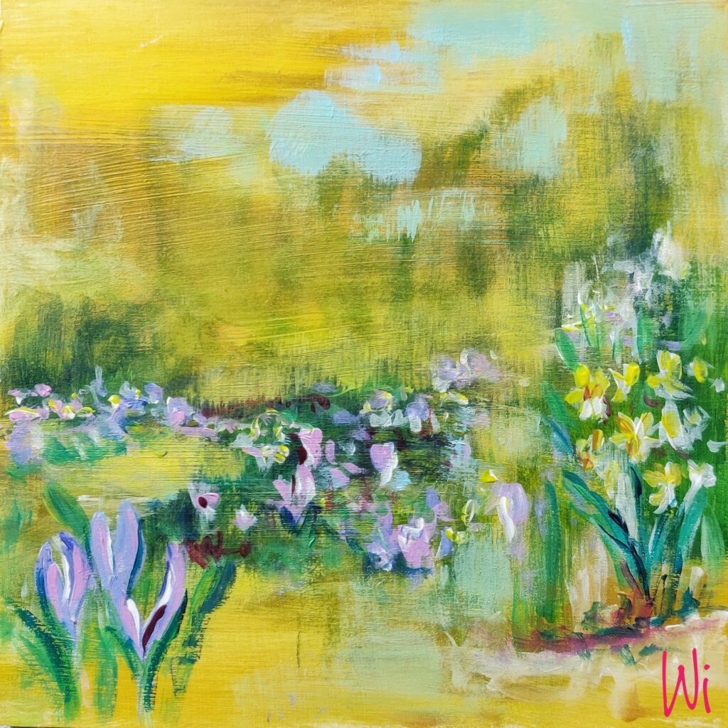 Frühlingsstimmung, halbabstrakt, Blüten, Acryl auf Malpappe, 15x15 cm