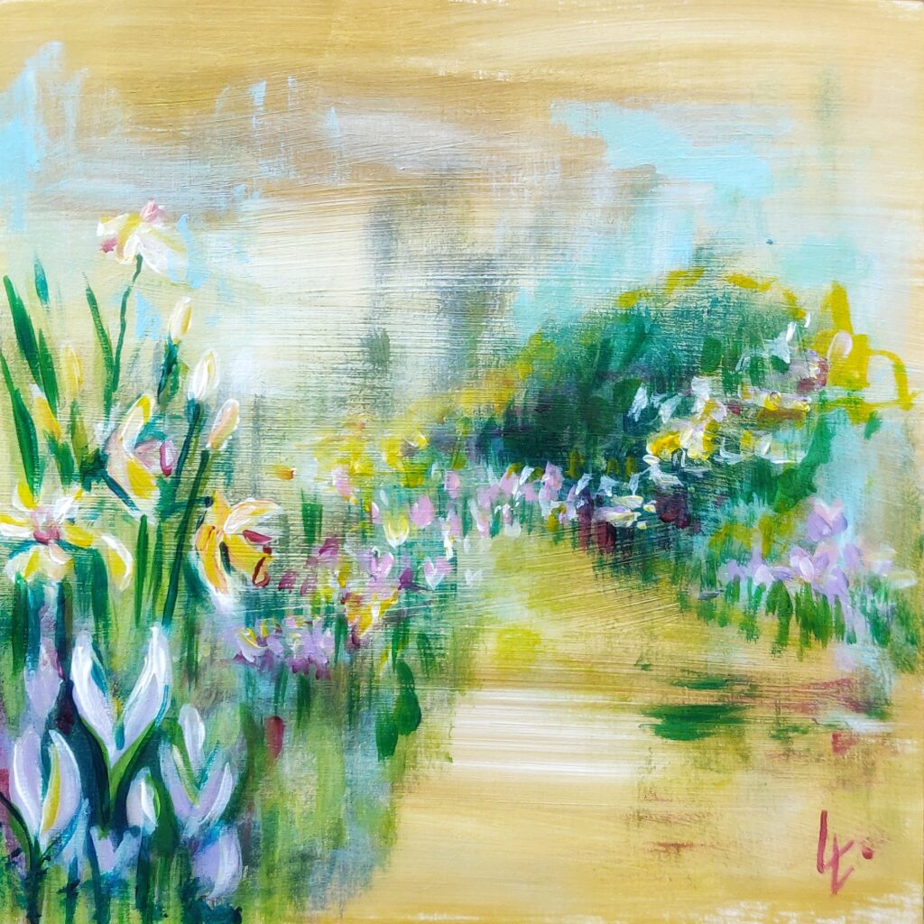 Frühlingsstimmung, halbabstrakt, Blüten, Acryl auf Malpappe, 15x15 cm