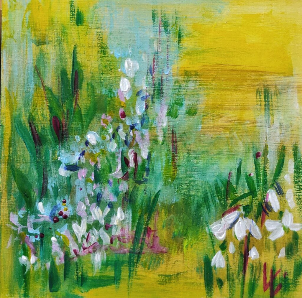 Frühlingsstimmung, halbabstrakt, Blüten, Acryl auf Malpappe, 15x15 cm